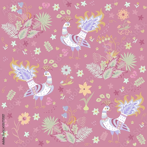 Fairy peacocks in vintage style, flowers, leaves, bulbs, roots, butterflies on rosewood background in vector. Seamless print for fabric, wallpaper. Natural ditsy pattern.