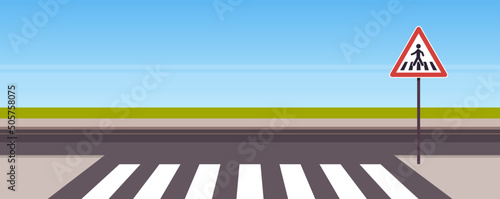 Traffic signs on city road and crosswalk concept flat vector illustration. 