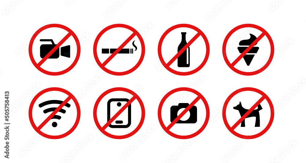 Prohibition signs. A set of crossed out black icons in red circles. Vector clipart. Prohibition signs. A set of crossed out black icons in red circles. Vector clipart.