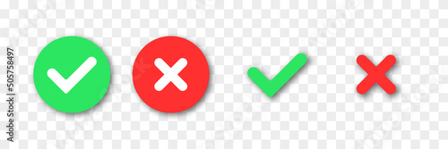 Check mark approval green icon, red cross mark isolated on transparent background with realistic shadows. Check button, approve or deny, cancel. Yes or no vector icon