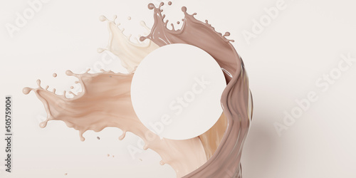 3D beige pedestal podium with liquid foundation splash swirl on studio background. Nude cream fluid flow with display showcase for beauty product, cosmetics promotion. abstract 3D render mockup