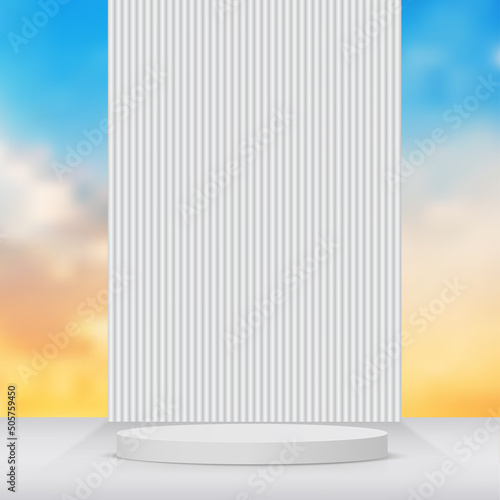 Abstract minimal scene with geometric forms with sky cloud platform. Vector