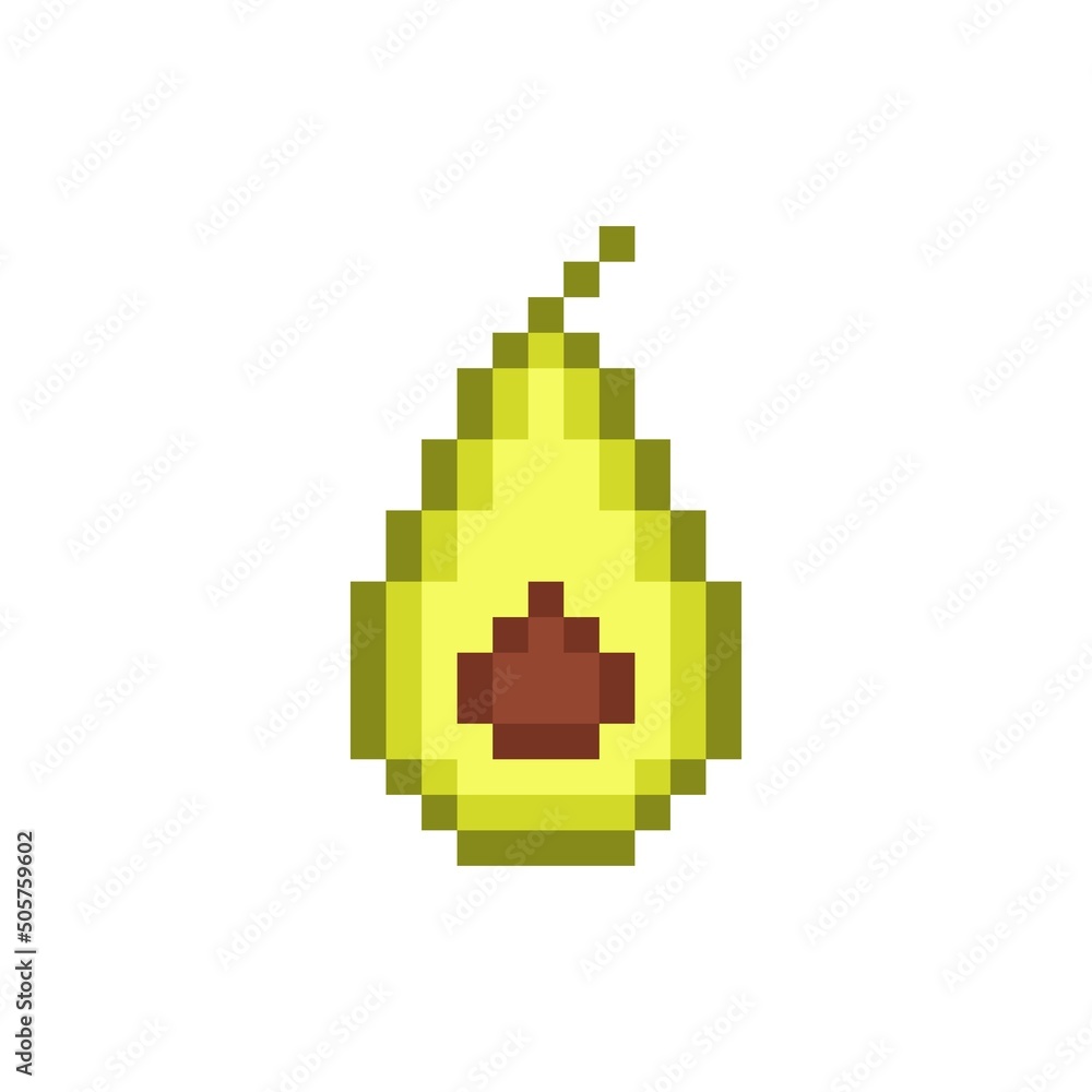 Pixel half of avocado. Ripe green vegetable with brown seed and tail. Organic element of healthy vegan food and 8bit vector game