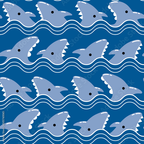 Seamless pattern with cute cartoon sharks