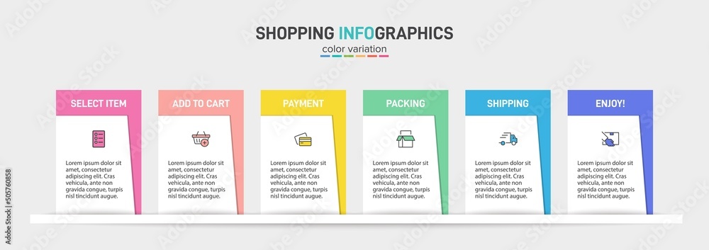 Concept of shopping process with 6 successive steps. Six colorful graphic elements. Timeline design for brochure, presentation, web site. Infographic design layout. Concept of shopping process with 6 successive steps. Six colorful graphic elements. Timeline design for brochure, presentation, web site. Infographic design layout.