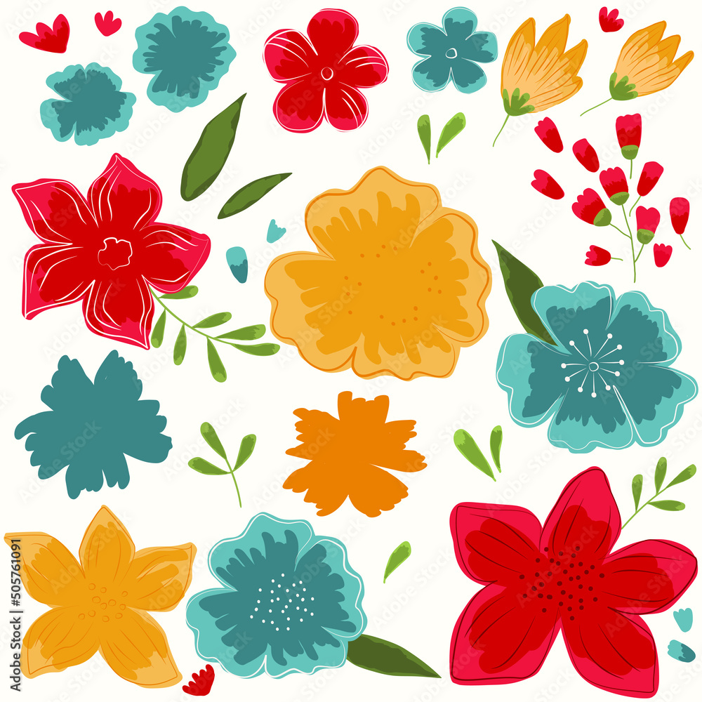 Set of red, yellow and blue abstract flowers and green leaves. White background. Vector hand-drawn illustration.