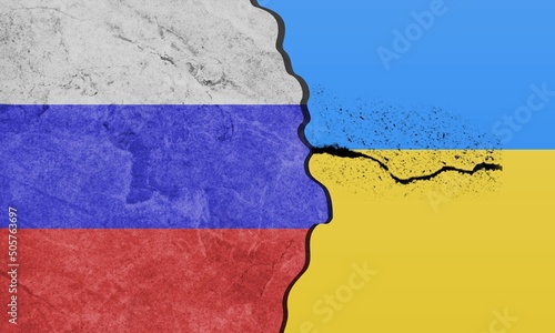 Flag of Russia and Ukraine painted on a wall. Relationship between Ukraine and Russia