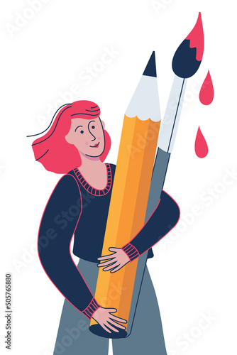 Woman artist holding big pencil and brush. Creative profession vector illustration