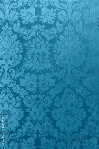 Retro floral ornamental victorian wallpaper fabric in blue full frame repeating