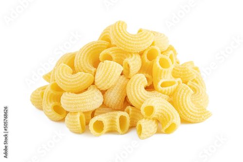 Fresh italian pasta Rigatoni classic on white background, close up photo