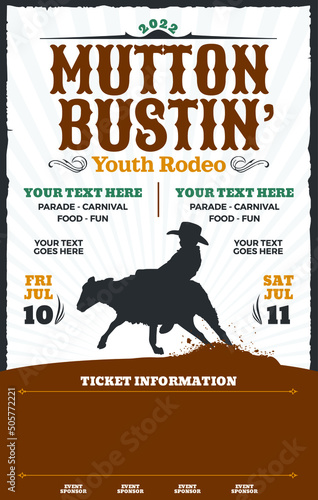 A mutton busting rodeo event poster. This is a youth rodeo event where children contestants ride bucking sheep.