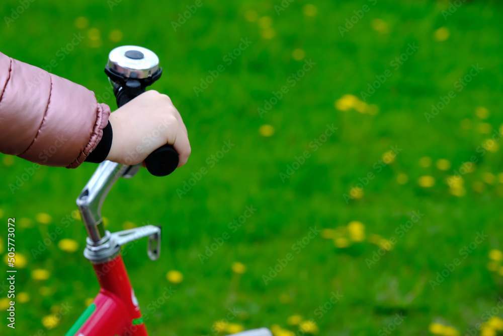 Bicycle handlebar in the hands of a rebec on a blurred background of grass with space for text Bicycle handlebar in the hands of a rebec on a blurred background of grass with space for text
