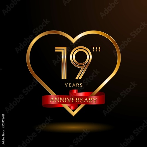 19 years anniversary celebration logotype with elegant gold color and ribbon for booklet, leaflet, magazine, brochure poster, banner, web, invitation or greeting card. Vector illustrations.
