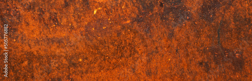 Steel textured metal sheet with heavy rust. Background panoramic banner. Top view. Flat lay