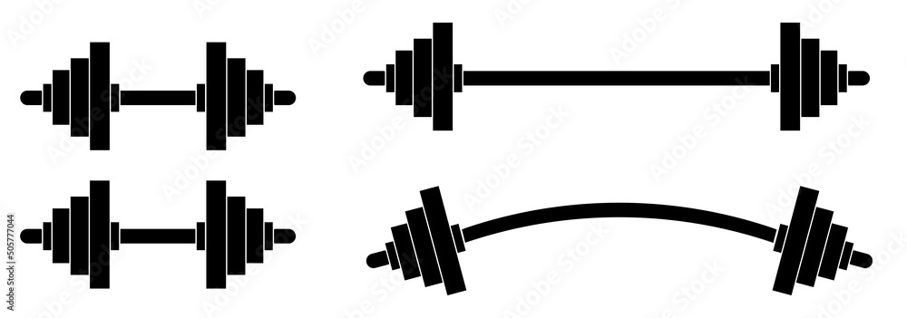 Set of dumbbells and barbells for the gym. Black icon for fitness and sports center. Barbell and dumbbells logo design. jpg image jpeg illustration Set of dumbbells and barbells for the gym. Black icon for fitness and sports center. Barbell and dumbbells logo design. jpg image jpeg illustration
