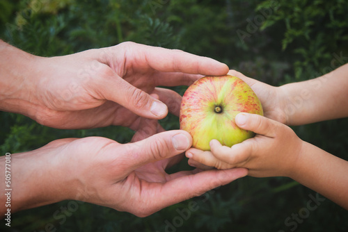 Men's and children's hands hold an apple.