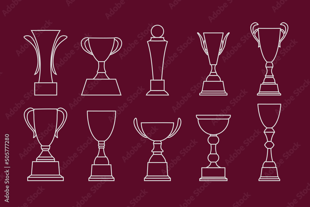 Vector set of award cups made of silhouettes of lines on a burgundy background. Vector set of award cups made of silhouettes of lines on a burgundy background.