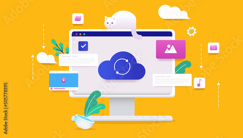 Cloud working - Desktop computer screen with symbol syncing with cloud service. Vector illustration