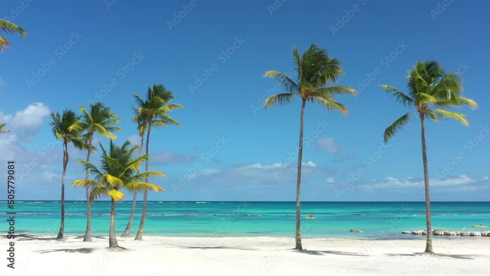 Juanillo beach with palm trees, white sand and turquoise caribbean sea water. Cap Cana is a tourist area in Dominican Republic. Aerial view Juanillo beach with palm trees, white sand and turquoise caribbean sea water. Cap Cana is a tourist area in Dominican Republic. Aerial view