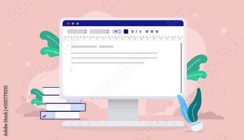 Text writing and edit software - Desktop computer screen with abstract words on screen. Vector illustration