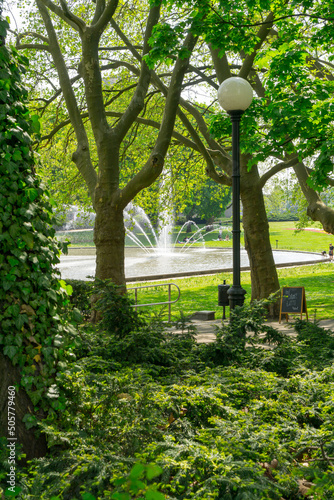 City of Poznań, Summer, Mickiewicz Park with a fountain and green trees, plane trees.