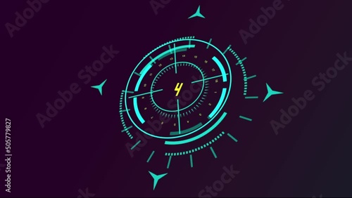 Digital loading circular counter. Sci fi futuristic hud dashboard display. Green elements and yellow numbers on black hitech background. Download time counter. Graphical user interface. Tech concept.