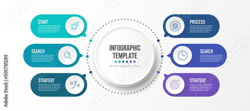 Timeline infographic design with 6 options or steps. Infographics for business concept. Can be used for presentations workflow layout, banner, process, diagram, flow chart, info graph, annual report.
