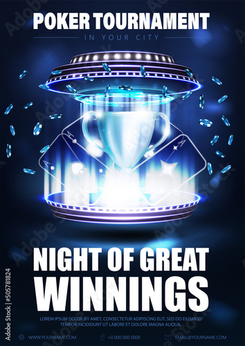 Poker tournament, dark and blue poster with digital 3D podium in cylindrical shapes, neon casino playing cards, poker chips and cup pf winner