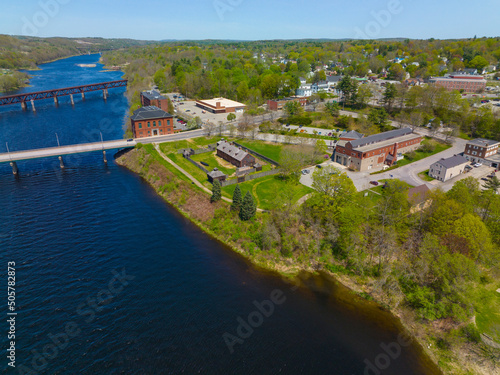 Old Fort Western and Augusta City Hall aerial view on the east bank of Kennebec River in Spring, Augusta, Maine ME, USA. 