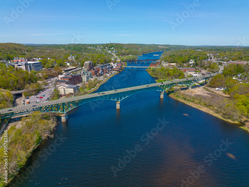 Memorial Bridge aerial view over Kennebec River in historic downtown of Augusta, Maine ME, USA.  photo