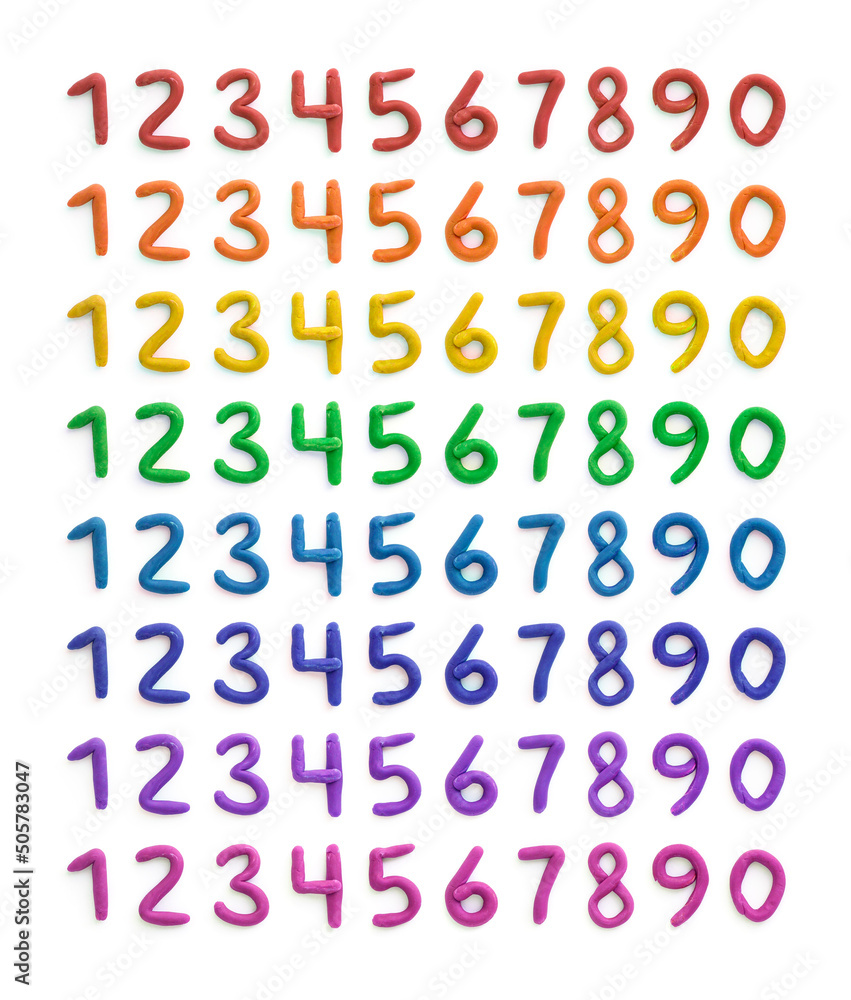 Set of multicolored plasticine numbers 1, 2, 3 and other. Handmade figures isolated on white Set of multicolored plasticine numbers 1, 2, 3 and other. Handmade figures isolated on white