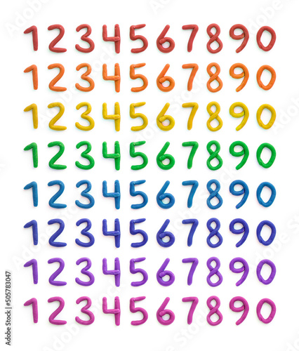 Set of multicolored plasticine numbers 1, 2, 3 and other. Handmade figures isolated on white