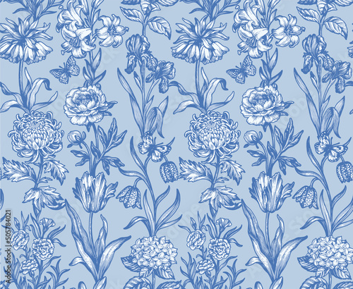 Botanical victorian seamless pattern for wrapping paper, textile and wallpaper. Engraved vintage style. Vector illustration.