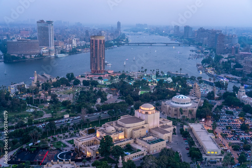 Egypt, Cairo, Aerial view of cityscape and Nile river photo