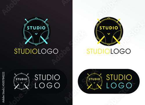 music studio brand logo with drums and drum stick symbol- minimal design band and musical company branding