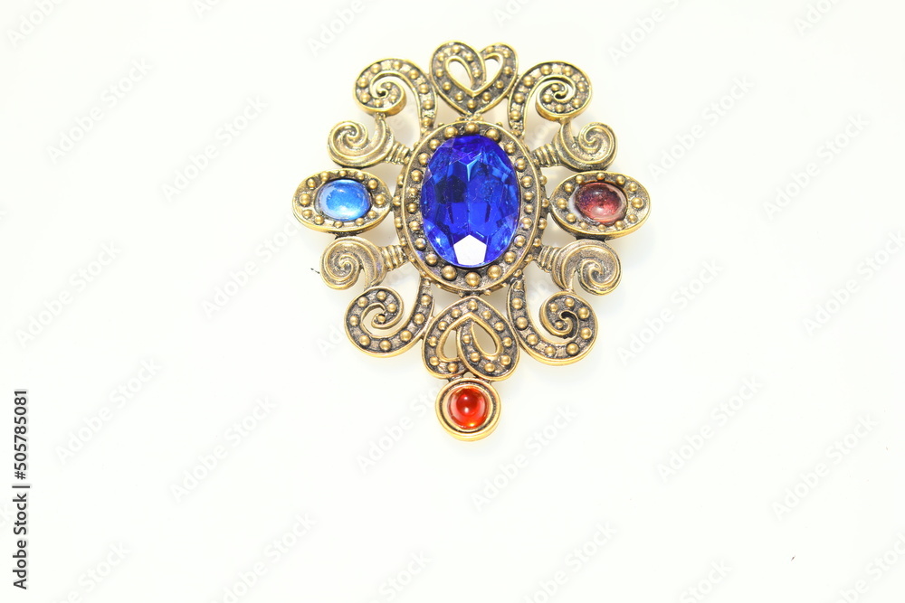 Φωτογραφία Large scrolls antiqued gold tone brooch with blue stone brooch pin costume jewel