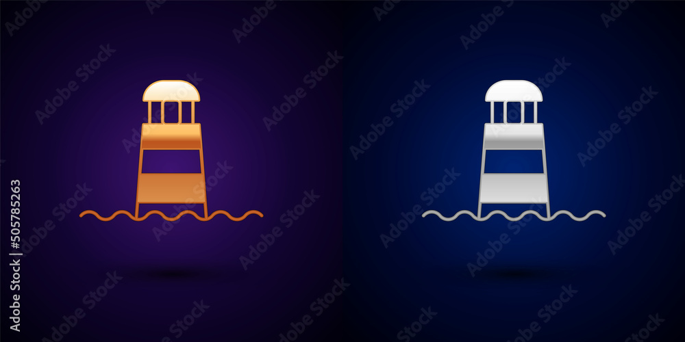 Gold and silver Lighthouse icon isolated on black background. Vector