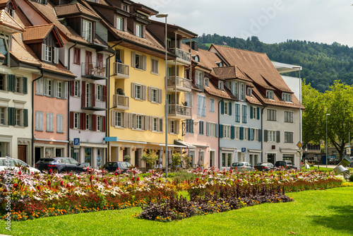 Switzerland, Zug, Row of colorful townhouses