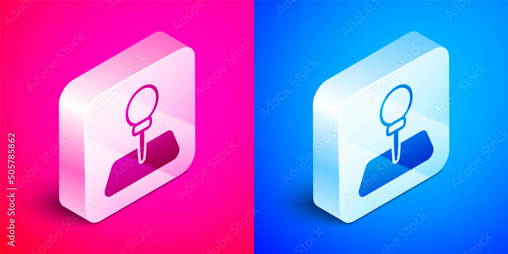 Isometric Push pin icon isolated on pink and blue background. Thumbtacks sign. Silver square button. Vector Isometric Push pin icon isolated on pink and blue background. Thumbtacks sign. Silver square button. Vector