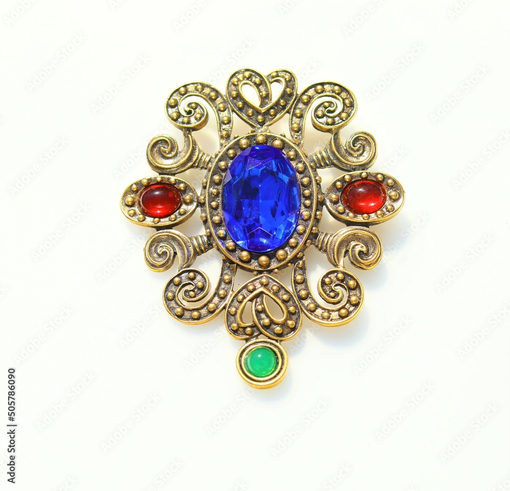Φωτογραφία Large scrolls antiqued gold tone brooch with blue stone brooch pin costume jewel