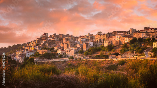 Panoramic view of Vico del Gargano, dominated by the Norman Castle and the massive Dome of Colleggiata dell'Assunta, Foggia, Italy