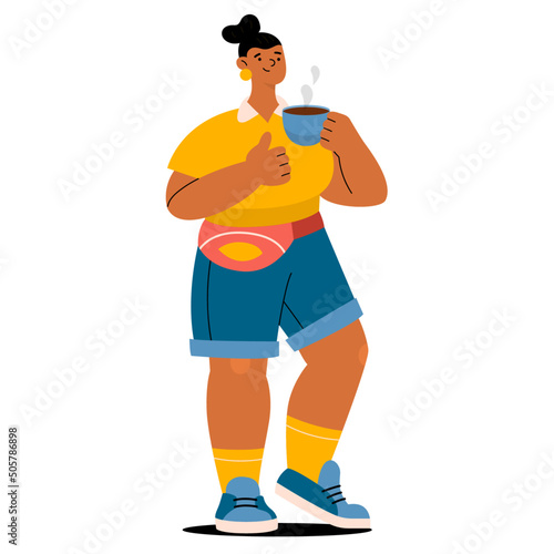 Happy girl in yellow polo shirt, blue shorts and with red waist bag holding a cup of coffee. Holding thumb up. Full character figure. Flat hand drawn vector illustration