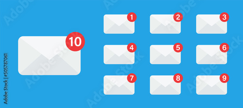 Email notification on envelope icon. Mail with new message, letter in flat. Illustration of email notice interface. Newsletter reminder of send sms, spam for mobile. Vector EPS10