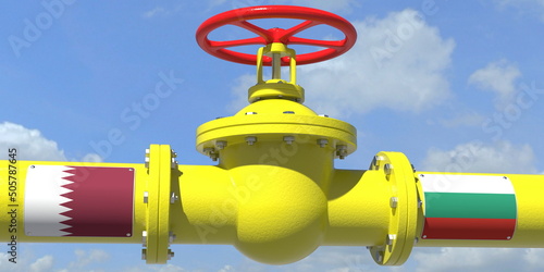QATAR BULGARIA gas or oil transit concept. Pipe with valve, 3D rendering