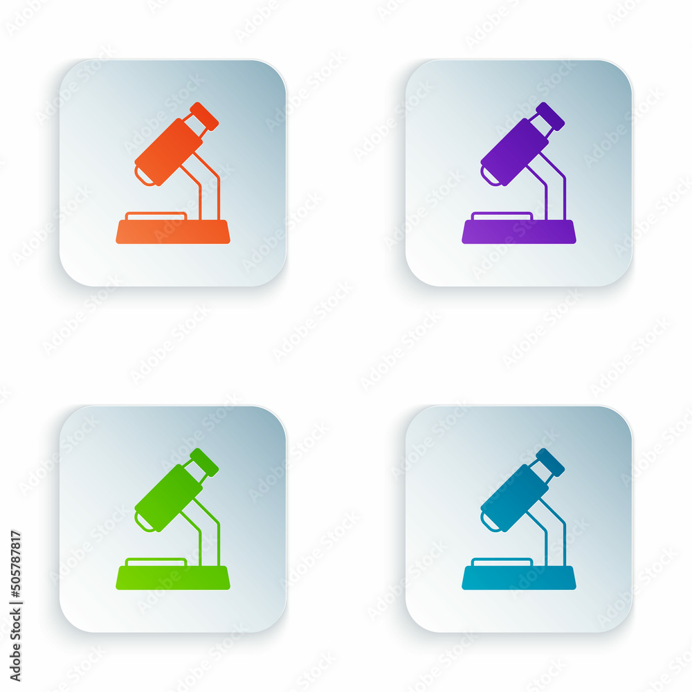 Color Microscope icon isolated on white background. Chemistry, pharmaceutical instrument, microbiology magnifying tool. Set colorful icons in square buttons. Vector Color Microscope icon isolated on white background. Chemistry, pharmaceutical instrument, microbiology magnifying tool. Set colorful icons in square buttons. Vector