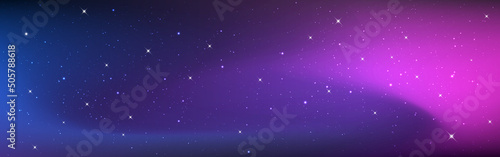 Cosmic background. White shining stars on wide backdrop. Purple starry texture with nebula. Colorful cosmos with galaxy and constellations. Beautiful milky way. Vector illustration