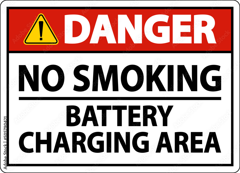 Danger No Smoking Battery Charging Area Sign On White Background