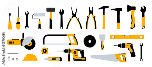 Construction tools hammer repair carpentry background. Electric home tool screwdriver toolkit collection photo