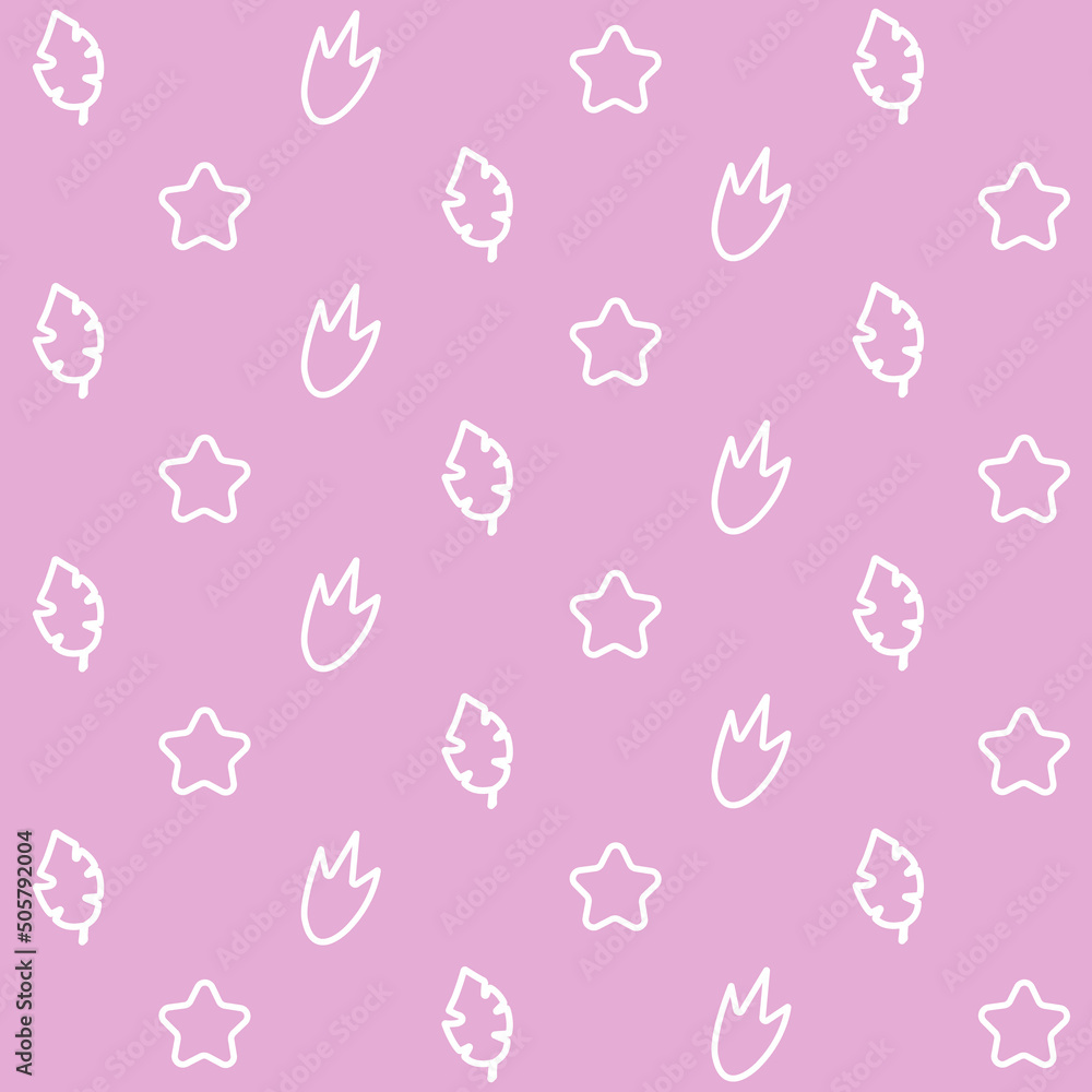 Seamless cartoon pink pattern with dinosaur footprints, stars, leaves. Vector baby background. Gift wrap, print, cloth, cute backdrop for a card.
