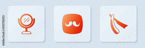 Set Barbershop, Hand mirror and Straight razor. White square button. Vector